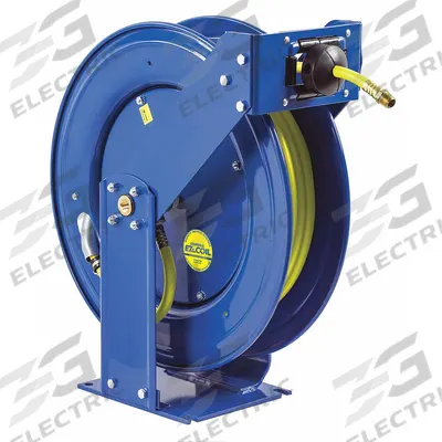 COXREELS Spring Return Hose Reel: 75 ft (3/8 in I.D.), 3/8 in MNPT, 300 psi Max Op Pressure - High-Visibility Truck-Mount Controlled-Retraction Air or Water Spring-Return Hose Reels