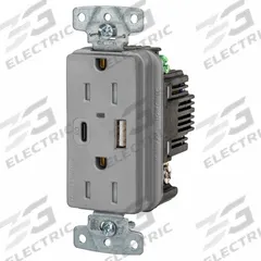 USB Receptacle: Duplex, 5-15R, 2 USB Ports, USB Type A/C, Gray, 125V AC, 15 A (MPN USB15ACPDGY). Key specifications — Brand: HUBBELL.