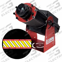 LASERGLOW TECHNOLOGIES Fixed Image Projector: Projector, Lens and Image Template, Red/White/Yellow (MPN HSV3H058X). Key specifications — Brand: LASERGLOW TECHNOLOGIES; Includes: Mounting Brackets; Laser Color: Yellow; Watts: 300 W; Legend/Background Color: Yellow & White Hashed Path with Red Border | “Forklift Traffic - Danger to Pedestrians”; Manufacturer Part Number: HSV3H058X; Product Type: Projector, Lens and Image Template.