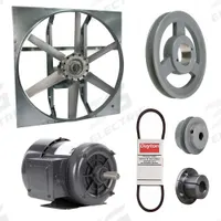 Exhaust Fan with Drive Package: Belt Drive, 24 in Blade, 3/4 hp, 7,357 cfm, 208-230/460V AC, 3 ph (MPN 7M889). Key specifications — Frame Finish: Zinc Plated; Assembled: Unassembled; Brand: DAYTON; Nameplate Voltage: 208-230/460V AC; Frame Material: Steel; Guard Type: None; Method of Construction: Cast; Motor Type: 3-Phase.