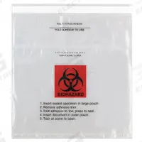 Specimen Transfer Bag: LDPE, Biohazard, 1.75 mil Thick, Clear, 10 in Overall Ht, 59-93, 1,000 PK. Key specifications — Brand: MEDEGEN MEDICAL PRODUCTS; Closure Type: Adhesive; Product Type: Specimen Transport Bag; Manufacturer Part Number: 59-93; Color: Clear; Display Sell UOM: PK; Legend: Biohazard.