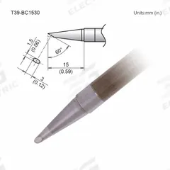 HAKKO Soldering Tip: T39 Series, Bevel, 3 mm W, 15 mm Lg (MPN T39-BC1530). Key specifications — Brand: HAKKO; Compatible Handpiece Manufacturer Model Number: FX-9701; Manufacturer Part Number: T39-BC1530.