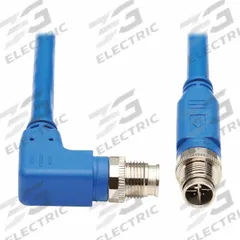 EATON TRIPP LITE Ethernet Cable: 6.6 ft Lg, X Coding, M12 Male Right Angle x M12 Male Straight, PVC (MPN NM12-6A3-02M-BL). Key specifications — Brand: EATON TRIPP LITE; Cable Jacket Color: Blue; End 1 Coding: X; End 2 Coding: X; IP Rating: IP68; Performance Category: Cat6a; Power over Ethernet (PoE): PoE++.