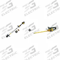 DEWALT String Trimmer Kit: 20V MAX*, Trimmer and Hedge Trimmer, 15 in String Trimmer Cutting Wd (MPN DCST970X1S/DCHT821B). Key specifications — Battery Capacity: 9.0 Ah; Combo Type: Trimmer and Hedge Trimmer.