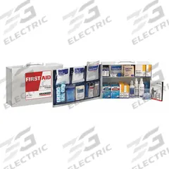 FIRST AID ONLY First Aid Kit and Housing: Gen Purpose, 75 People Served, 330 Components, Metal (MPN 59393). Key specifications — Adhesive Bandages Included: (40) Fingertip Bandages; Application: General Purpose; Brand: FIRST AID ONLY; Housing Color: White; Housing Material: Metal; Includes Oral or Inhalant Medication: Medication Included; Mountable: Wall Mount; Oral and Inhalant Medicinals Included: (50) Non-Aspirin Pain Relievers.