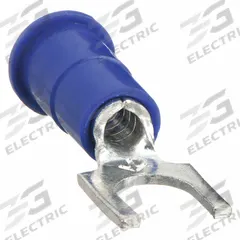 3M Fork Terminals: Blue, Vinyl, #8 Stud Size, 16 AWG – 14 AWG Wire Range, Block Fork, 1,000 V (MPN BFV14-8Q). Key specifications — Barrel Style: Funnel; Manufacturer Part Number: BFV14-8Q; Brand: 3M; Series: TR.