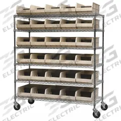 AKRO-MILS Mobile Bin Shelving: 60 in x 24 in x 68 in, 30 Bins, Open, Stack Bin, Beige, 6 Shelves (MPN AWS2460M30358). Key specifications — Bin HxWxD: (30) 7 in x 11 in x 20-1/2 in; Brand: AKRO-MILS; Bin Color: Beige.