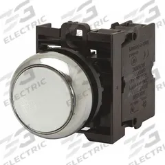 EATON Illuminated Push Button: Illuminated, Flush Profile, Non-Metallic, 22 mm, 1NO (MPN M22-DL-W-K10-230W). Key specifications — Brand: EATON; Action: Momentary; Series: M22; Push Button Material Type: Non-Metallic.