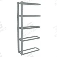 TENNSCO Boltless Shelving: Add-On, Medium-Duty, 36 in x 12 in, 84 in Overall Ht, 5 Shelves (MPN ZB7-3612A-5). Key specifications — Finish: Powder Coated; Maximum Post Load Capacity: 8,000 lb with Beams Evenly Spaced at 24 in; Decking Material: None; Color: Gray; Beam Profile: Angle; Brand: TENNSCO; Side Panel: Closed (Starter); Open (Add-On).