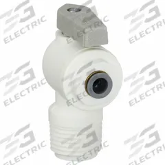LIQUIFIT Manual Two-Way Ball Valve: 1/4 in, Polypropylene, Angle, Push x MNPT, Full Port Ball Port (MPN LFPP4VME8). Key specifications — Brand: LIQUIFIT; Handle: Lever.