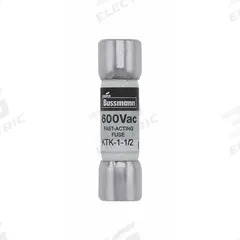 BUSSMANN Fuse: KTK Series, Midget, Fast-Acting, 1.5 A, 600 V AC, 13/32 in x 1 1/2 in, Non-Indicating (MPN KTK-1-1/2). Key specifications — attr1287209: KTK; attr211192: BUSSMANN.
