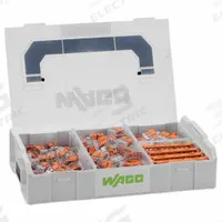 WAGO Wire Connector Kit: 229 Pieces, 24 AWG – 12 AWG Wire Sizes (MPN 887-952). Key specifications — Manufacturer Part Number: 887-952; Brand: WAGO; Includes: (25) Mfr. No. 221-415 Pieces; Series: 221; Tool Included: Mounting Carriers.