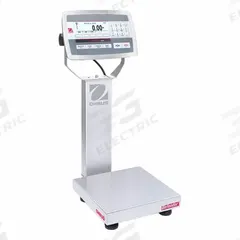 OHAUS Industrial Bench Scale: 10 in x 10 in, IP67/IP68, Column-Mounted, 25 lb Wt Capacity - Imperial (MPN D52XW12WQS6). Key specifications — Connection Ports: Bluetooth; Readability: 0.001 lb/0.5 g; Brand: OHAUS; Weighing Surface Material: Stainless Steel.