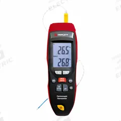 TRIPLETT Thermometer: -418°F (Type K) to 2,501°F (Type K), 1 Channels (MPN TMP70). Key specifications — Testing Functions: Average Temperature; Accuracy: ±1 % + 0.5 °C Above -146.2 °F/99.9 °C; Brand: TRIPLETT.