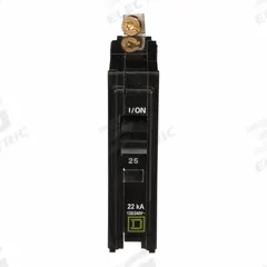 SQUARE D Miniature Circuit Breaker: 25 A, 120/240V AC, Single Phase, 22kA at 120/240V AC, 1 Poles (MPN QOB125VH). Key specifications — Phase: Single; Amps: 25 A; AC Voltage Rating: 120/240V AC; Max. AIR Rating: 22kA at 120/240V AC; For Use With: Square D NQOD Panelboards; Brand: SQUARE D.