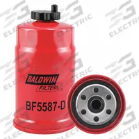 BALDWIN FILTERS Fuel Filter: Spin-On, 3 7/16 in Outside Dia, M16-1.50 Thread Size, Cellulose (MPN BF5587-D). Key specifications — attr1137520: BF5587-D; attr434022: BALDWIN FILTERS; attr427730: Cellulose; attr427731: O-Ring; attr1017112: Buses; attr1017113: Massey Ferguson.