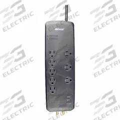 WOODS Surge Protector: 8 Outlets, 6 ft Cord Lg, 3,540 J Rated Energy, 15 A Current, Black, 5-15P (MPN 41629). Key specifications — Brand: WOODS; Mounting Style: Keyhole.