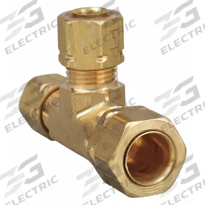 PARKER Compression Tee Fitting: 3/8 in OD x 1/4 in OD x 1/4 in OD Fitting Size, Brass - Self-Aligning Brass Compression Fittings