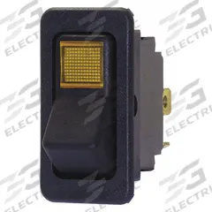 EATON Lighted Rocker Switch: 2 Positions, SPST, Off/On, Amber (MPN 8005K23N113V42). Key specifications — AC Contact Rating: 10 A @ 250 V; DC Contact Rating: 15 A @ 28 V; Horsepower: 3/4 hp @ 250 V; Operator Illumination: Illuminated; Switch Color: Black; Terminal Connection Type: 1/4 in Spade; Includes Lamp Module: Lamp Module Included; Includes Lens: Lens Included.