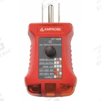 AMPROBE Receptacle Tester with GFCI: 110 V AC to 125 V AC, 5-15P, GFCI/Std, Light, No Display (MPN ST-102B). Key specifications — Brand: AMPROBE; CAT Safety Rating: Not Rated.