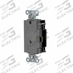 HUBBELL Receptacle: Decorator Duplex, 5-15, Gray, 125V AC, 15 A, 2 Pole / 3 Wire (MPN DR15STGYTR)