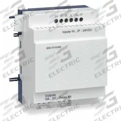 SCHNEIDER ELECTRIC Discrete Input/Output Module: (6) Discrete In, (4) Relay Out (MPN SR3XT101BD). Key specifications — Manufacturer Part Number: SR3XT101BD; Power Required: 24V DC; Product Type: Discrete Input/Output Module; Series: Zelio Logic; Number and Type of Outputs: (4) Relay; Number and Type of Inputs: (6) Discrete.