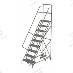 TRI-ARC Rolling Ladder: 7.5 ft Platform Ht, Unassembled, Steel, Foot-Activated Step Lock, Serrated (MPN KDED109242). Key specifications — attr1051092: Not Foldable; attr1051084: Gray; attr1051078: TRI-ARC; attr1051094: Double Handrails.