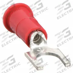 3M Fork Terminals: Red, Vinyl, #8 Stud Size, 22 AWG – 18 AWG Wire Range, Block Fork, 1,000 V (MPN MVU18-8FBX). Key specifications — Barrel Style: Butted; Manufacturer Part Number: MVU18-8FBX; Brand: 3M; Series: TH.