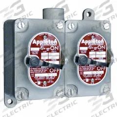 APPLETON ELECTRIC Tumbler Switch: 2 Gang, 3-Way, 20 A, 277 V AC, Dead-End Hub, 1 in Hub Size (MPN EDS3230). Key specifications — attr211272: APPLETON ELECTRIC.