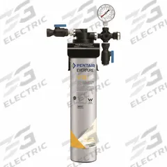 EVERPURE Water Filtration System: 5 micron, 2.5 gpm, 15,000 gal, 18 in Overall Ht, 8 in Overall Dia (MPN EV920221). Key specifications — Connection Type: NPT; Filter Media: Carbon; Reduces: Chlorine Odor; Brand: EVERPURE.