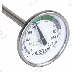 REOTEMP Compost Dial Thermometer: 0°F to 200°F, +/- 1% Accuracy, 20 in Stem Lg, Fahrenheit (MPN FG20P). Key specifications — Accuracy: +/- 1%; Housing Material: Stainless Steel; Brand: REOTEMP; Temperature Units: Fahrenheit.