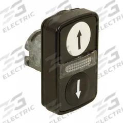 SCHNEIDER ELECTRIC Multihead Operator: Illuminated, 2 Button, Flush Profile, 22 mm Mounting Size (MPN ZB4BW7A17247). Key specifications — Brand: SCHNEIDER; Action: Momentary/Momentary; Legend: Down Arrow; Series: XB4; Push Button Material Type: Metallic.