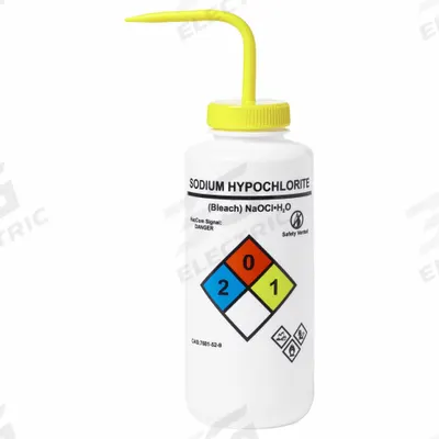 APPROVED VENDOR Wash Bottle: 1 L, Sodium Hypochlorite, Yellow, Wide, Vented Spout Spout - Wide Mouthed Standard Spout Wash Bottles