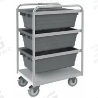 DURHAM MFG Tub Cart: 300 lb, 3 Bins/Tubs, Gray, 26 in L x 19 in W x 42 in H, Gray, 2 Usable Sides (MPN STBR-183042-3-5PU). Key specifications — Color: Gray; Includes: Support Rails; Caster/Wheel Configuration: (2) Rigid; Bin Color: Gray; Brand: DURHAM MFG.