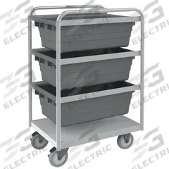 DURHAM MFG Tub Cart: 300 lb, 3 Bins/Tubs, Gray, 26 in L x 19 in W x 42 in H, Gray, 2 Usable Sides (MPN STBR-183042-3-5PU). Key specifications — Color: Gray; Includes: Support Rails; Caster/Wheel Configuration: (2) Rigid; Bin Color: Gray; Brand: DURHAM MFG.