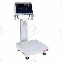 OHAUS Industrial Bench Scale: 12 in x 12 in, IP68/IP69K, Column-Mounted, Stainless Steel (MPN D61XWE50WQR6). Key specifications — Connection Ports: Bluetooth; Readability: 0.005 lb/2 g; Brand: OHAUS; Weighing Surface Material: Stainless Steel.