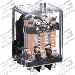 OMRON General Purpose Relay: Socket Mounted, 10 A Current Rating, 24V AC, 3PDT, 11 Pins/Terminals (MPN MJN3C-AC24). Key specifications — Brand: OMRON; Base Type: Square; Mounting Style: Plug-In; Pin Shape: Flat; Electrical Connection: Quick-Connect; Manufacturer Part Number: MJN3C-AC24; Series: MJN Series.