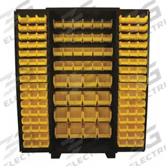 JAMCO Bin Cabinet: 36 in x 24 in 78 in, 0 Shelves, 136 Bins, Yellow, Flush, 14 ga Panel, Black, Bins (MPN DE236BL). Key specifications — Bin Color: Yellow; Bin HxWxD: (96) 3 in x 4-1/8 in x 7-1/2 in; Assembled: Assembled; Cabinet Style: Shelf and Bin; Brand: JAMCO; Cabinet Color: Black; Cabinet Finish: Powder Coated; Cabinet Material: Steel.