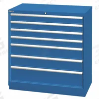 LISTA Modular Drawer Cabinet: 40 1/4 in x 22 1/2 in x 39 3/8 in, 7 Drawers, 102 Compartments, Steel (MPN HS09-0702A-FTKABB). Key specifications — Drawer Inside Height: (1) 7.09 in; Drawer Access: Single; Base Type: Frame; Number of Compartments per Drawer: (2) 12; Brand: LISTA; Cabinet Color: Bright Blue.
