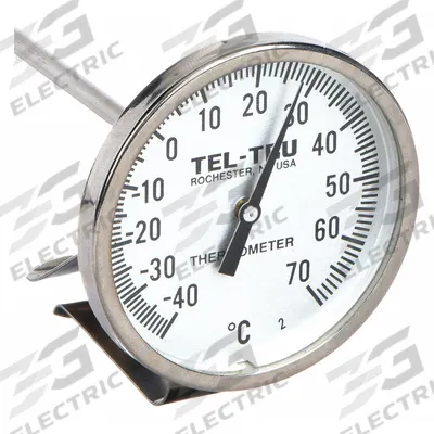 TEL-TRU Laboratory Dial Thermometer: -40°C to 70°C, +/- 1% Accuracy, 8 in Stem Lg - NSF-Rated Vat & Pan Clip-On Dial Thermometers