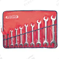 PROTO Open End Wrench Set: Alloy Steel, Satin, 10 Tools, 1/4 in to 1 1/8 in Range of Head Sizes (MPN J3000H). Key specifications — attr309745: No; attr309746: Vinyl Pouch; attr309754: Satin; attr309753: Alloy Steel; attr324938: PROTO.