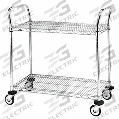 METRO Wire Shelf Utility Cart: 375 lb, 2 Shelf, 26 in L x 18 in W x 38 in H Dim, Silver, Flat (MPN MW601). Key specifications — Shelf Orientation: Flat; Caster/Wheel Configuration: (4) Swivel; Finish: Chrome; Brand: METRO.