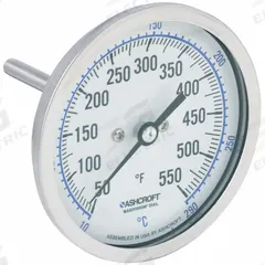 ASHCROFT Dial Thermometer: 50°F to 550°F /10°C to 290°C, ±1% Accuracy, 2.5 in Stem Lg, 3 in Dial Dia (MPN 30EI60R). Key specifications — Accuracy: ±1 %; Brand: ASHCROFT.
