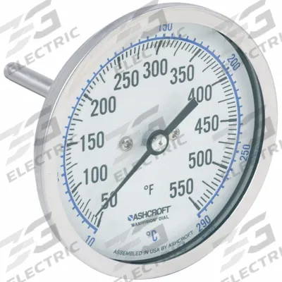 ASHCROFT Dial Thermometer: 50°F to 550°F /10°C to 290°C, ±1% Accuracy, 2.5 in Stem Lg - Back-Mount Fixed-Angle Thread-Mount Dial Thermometers