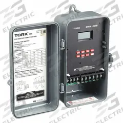 TORK Electronic Timer: 365 day, Astronomic, 120/208-240/277V AC, SPDT, Digital (MPN DWZ100B). Key specifications — Body Material: Plastic; Indoor/Outdoor Usage: Outdoor; Astronomic Functionality: Astronomic; Mounting Style: Surface; Brand: TORK.