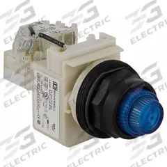 SCHNEIDER ELECTRIC Pilot Light: 30 mm Panel Mounting Size, Blue, LED, 9001SK Series (MPN 9001SKT35LLL31). Key specifications — Series: 9001SK; Brand: SCHNEIDER; Includes Push-To-Test: Push-To-Test Included.