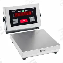 DORAN Industrial Bench Scale: 10 in x 10 in, IP69K, Corded Remote, Doran Scales Inc. (MPN 4350). Key specifications — Connection Ports: RS-232; Readability: 0.01 lb/5 g; Brand: DORAN; Weighing Surface Material: Stainless Steel.