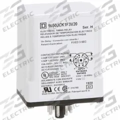 SCHNEIDER Time Delay Relay: Socket Mounted, 120V DC, 10 A, 8 Pins/Terminals, 0.1 sec – 3 sec (MPN 9050JCK1F3V20). Key specifications — Contact Rating (AC): 10 A @ 120/240V; Brand: SCHNEIDER.