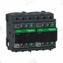 SCHNEIDER IEC Magnetic Contactor: Reversing, 3 Poles, 3NO Contacts, 18 A, 120V AC/240V AC Coil (MPN LC2D18KUE). Key specifications — Brand: SCHNEIDER; Integrated Surge Suppression: No.
