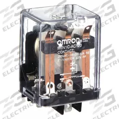 OMRON General Purpose Relay: Socket Mounted, 10 A Current Rating, 120V AC, SPDT, 5 Pins/Terminals (MPN MJN1C-AC120). Key specifications — Brand: OMRON; Base Type: Square; Mounting Style: Plug-In; Pin Shape: Flat; Electrical Connection: Quick-Connect; Manufacturer Part Number: MJN1C-AC120; Series: MJN Series.